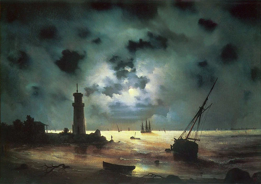 "The sea shore at night. At the lighthouse", Aivazovsky - Description of the Painting