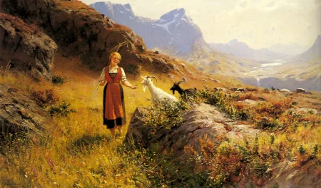 Alpine landscape with a shepherdess and goats, Hans Dahl