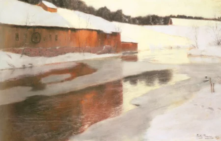 Factory building next to a frozen river, Frits Thaulow