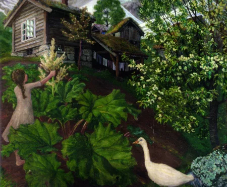 Girl near a rhubarb bush and a goose, Nikolai Astrup